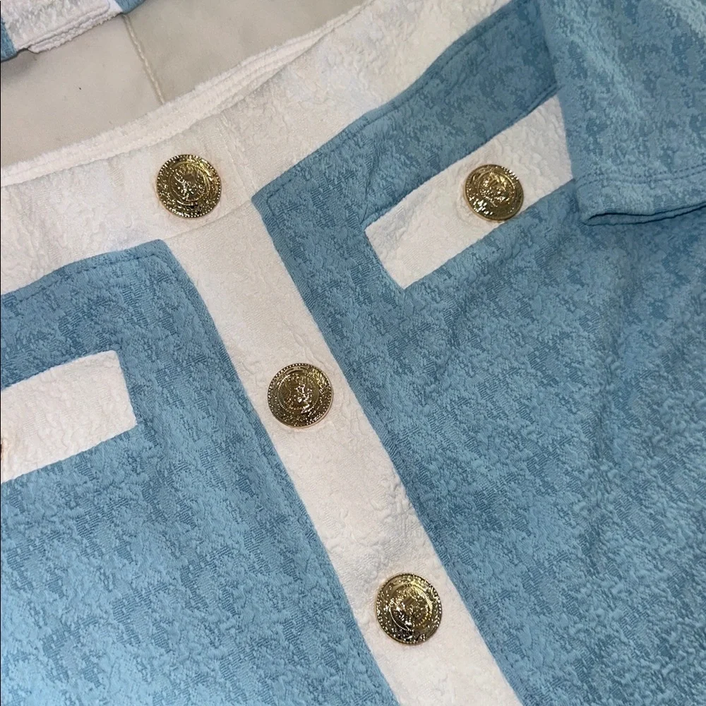 L'AGENCE Adeline Cardigan and Coco Mini Skirt Cover-Up in powder blue